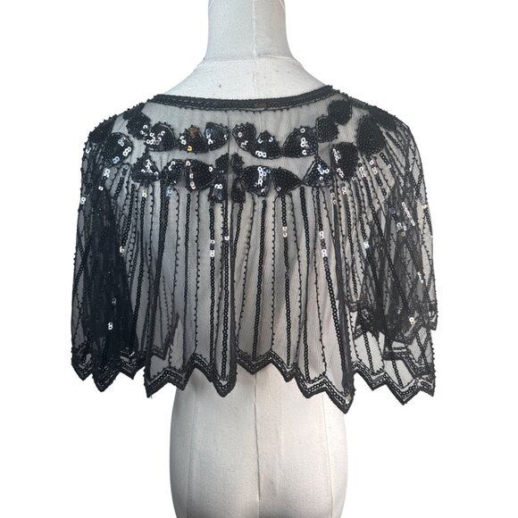 Black Sequin OS Beaded Sheer Capelet Shawl NWT - Picture 3 of 13